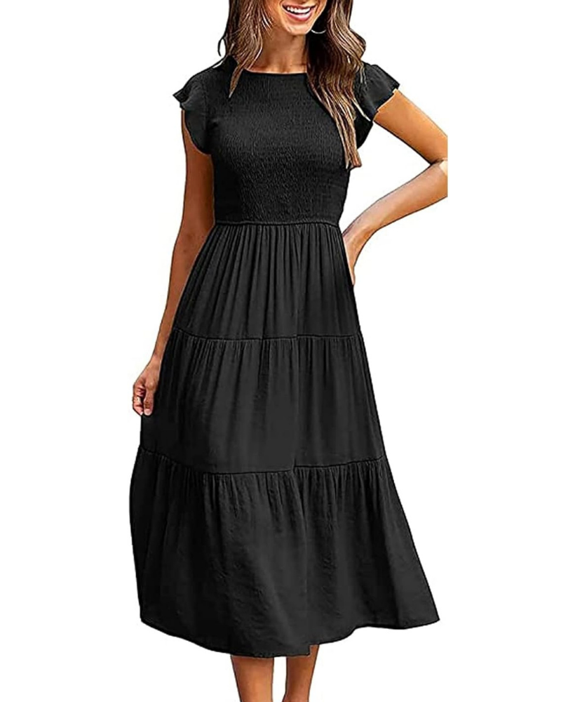 Greta Midi Dress for Women – Round Neck, Flutter Sleeves & Elastic Waist A-Line, Summer