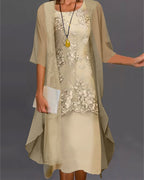 Rishta Two-Piece Dress Set for Women – Elegant Chiffon Set with Lace, Patchwork & 3/4 Sleeves