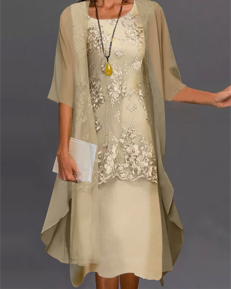 Rishta Two-Piece Dress Set for Women – Elegant Chiffon Set with Lace, Patchwork & 3/4 Sleeves
