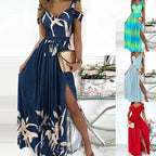 Antonella Elegant Long Dress for Women – Off-Shoulder Dress with Floral Motif & Chic Slit