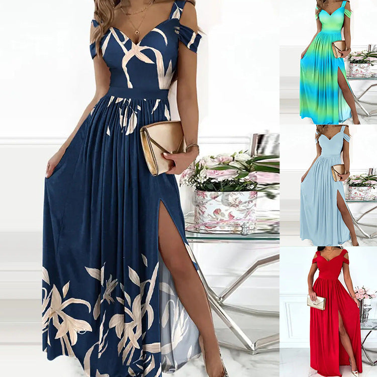 Antonella Elegant Long Dress for Women – Off-Shoulder Dress with Floral Motif & Chic Slit
