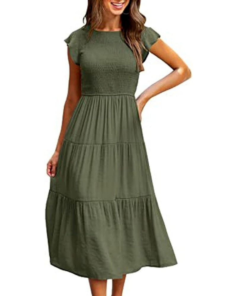 Greta Midi Dress for Women – Round Neck, Flutter Sleeves & Elastic Waist A-Line, Summer