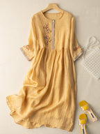 Zara Dress for Women – Embroidered Cotton and Linen Dress with Ethnic Design & Comfortable Cut
