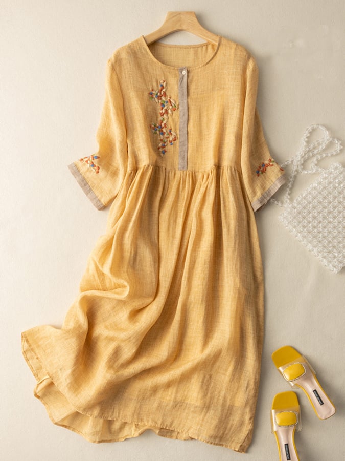 Zara Dress for Women – Embroidered Cotton and Linen Dress with Ethnic Design & Comfortable Cut