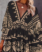Ava Summer Dress for Women – Light Mini Dress with V-Neck, 3/4 Sleeves & Boho Print Detail