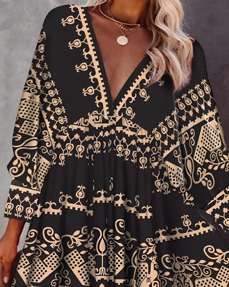 Ava Summer Dress for Women – Light Mini Dress with V-Neck, 3/4 Sleeves & Boho Print Detail