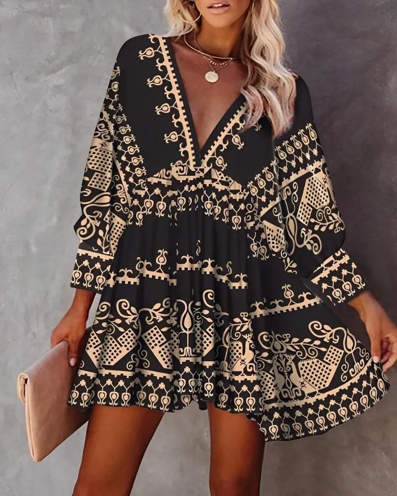 Ava Summer Dress for Women – Light Mini Dress with V-Neck, 3/4 Sleeves & Boho Print Detail