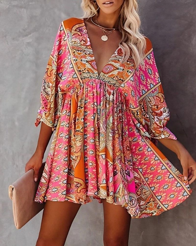 Ava Summer Dress for Women – Light Mini Dress with V-Neck, 3/4 Sleeves & Boho Print Detail