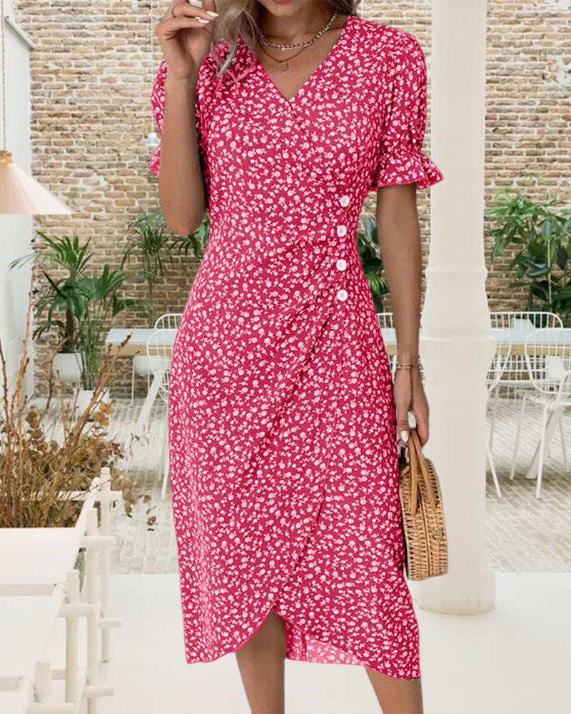 Quincy Summer Dress for Women – Floral Short-Sleeve Dress with Elegant Button Closure