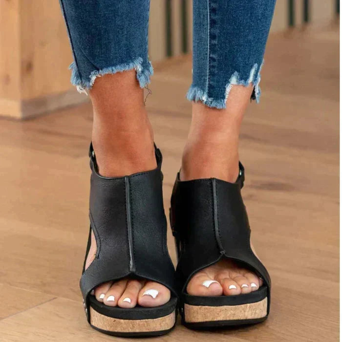 Milla Platform Sandals for Women – PU Leather, Cork Heel, Open Toe & Back Strap