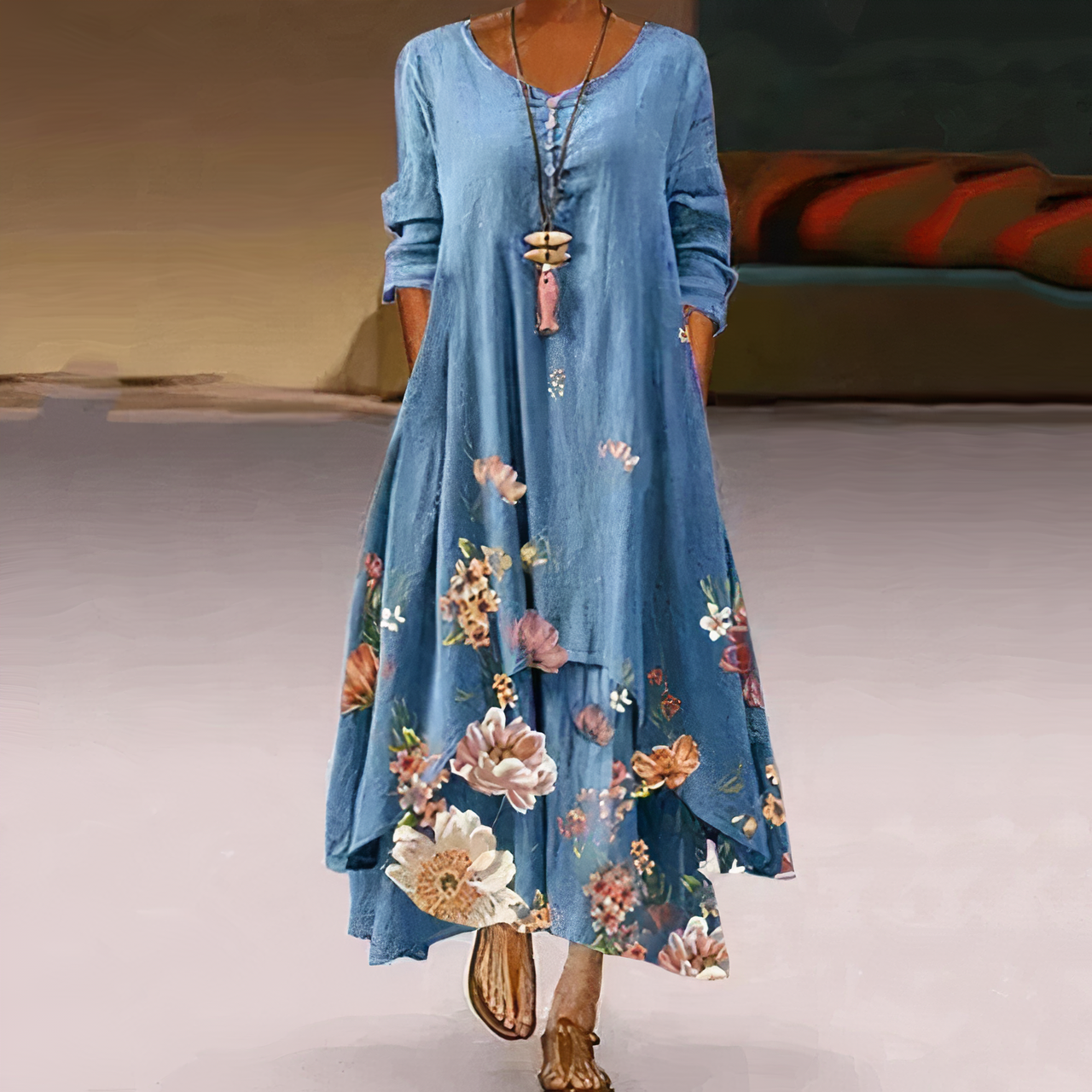 Tania Long Dress for Women – Elegant Floral Dress with Embroidery & Slit for a Summer Look
