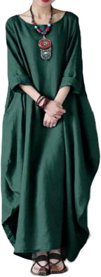 Sandy Long Dress for Women – Cotton-Linen Maxi Dress, Loose Cut, Round Neck & 3/4 Sleeves, Elegant
