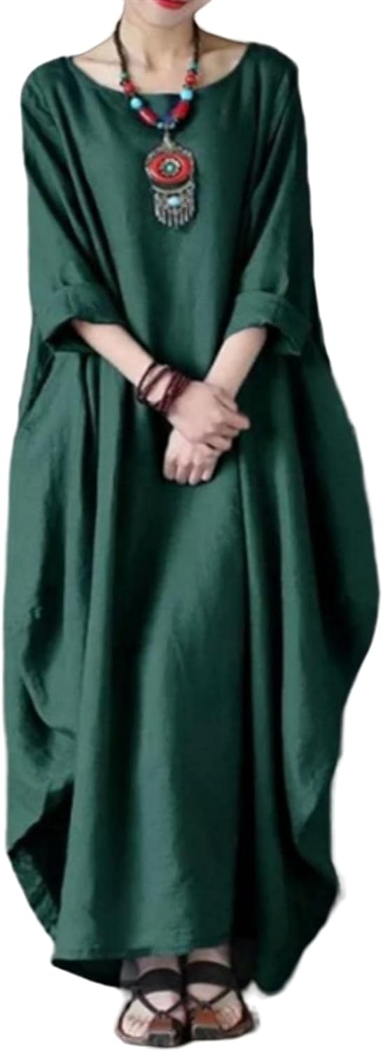Sandy Long Dress for Women – Cotton-Linen Maxi Dress, Loose Cut, Round Neck & 3/4 Sleeves, Elegant