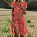 Aria Midi Dress for Women – Orange Short-Sleeve Dress with Round Neck & Elegant Comfort