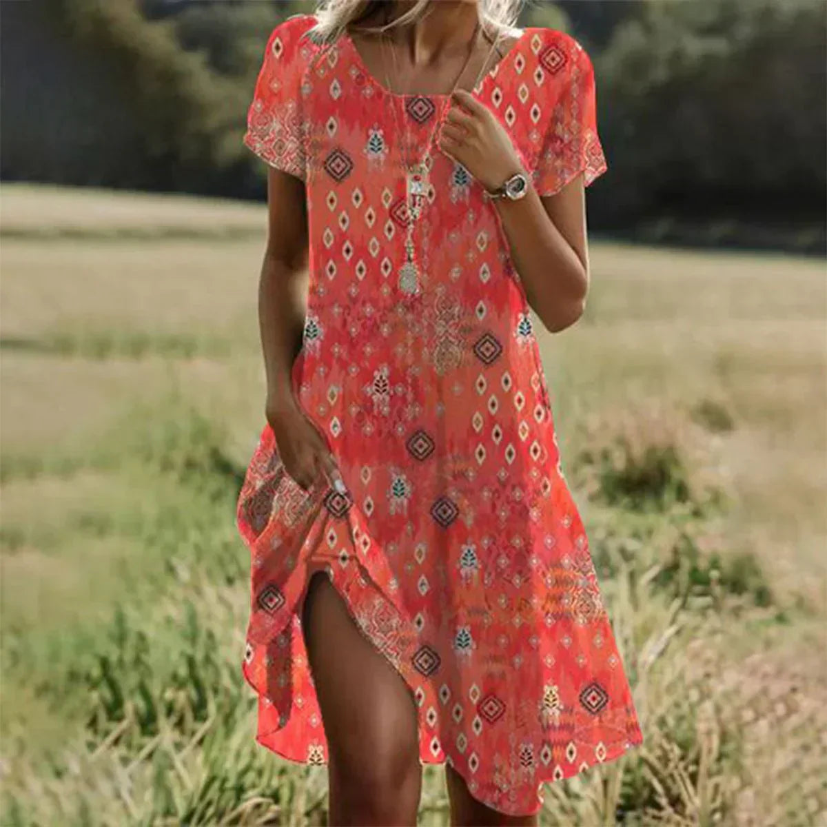 Aria Midi Dress for Women – Orange Short-Sleeve Dress with Round Neck & Elegant Comfort