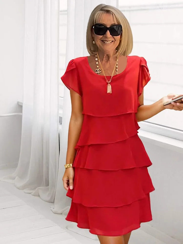 Giselle Midi Dress for Women – Flowy Chiffon Dress with Asymmetric Tiered Hem & Elegance