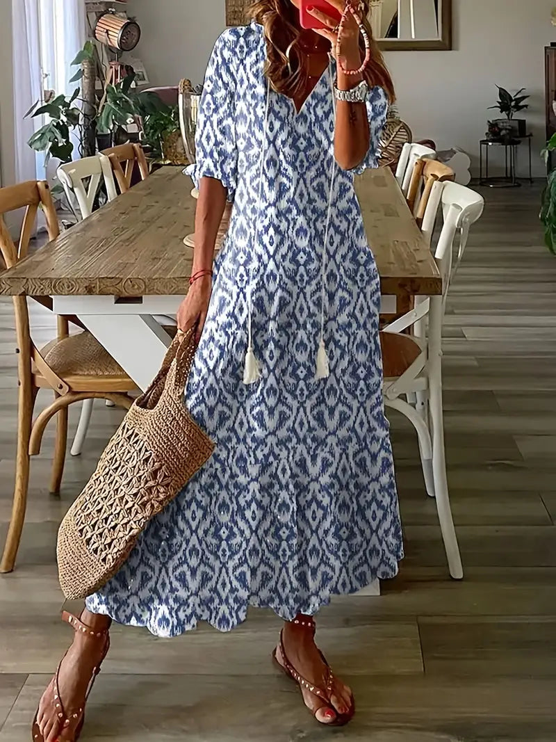Charm Boho Dress for Women – Elegant Summer Dress with Ruffles, V-Neck & Ikat Pattern