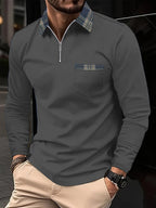 Frank Long-Sleeve Polo – Zip Collar & Checkered Pattern, Elegance and Comfort for Men