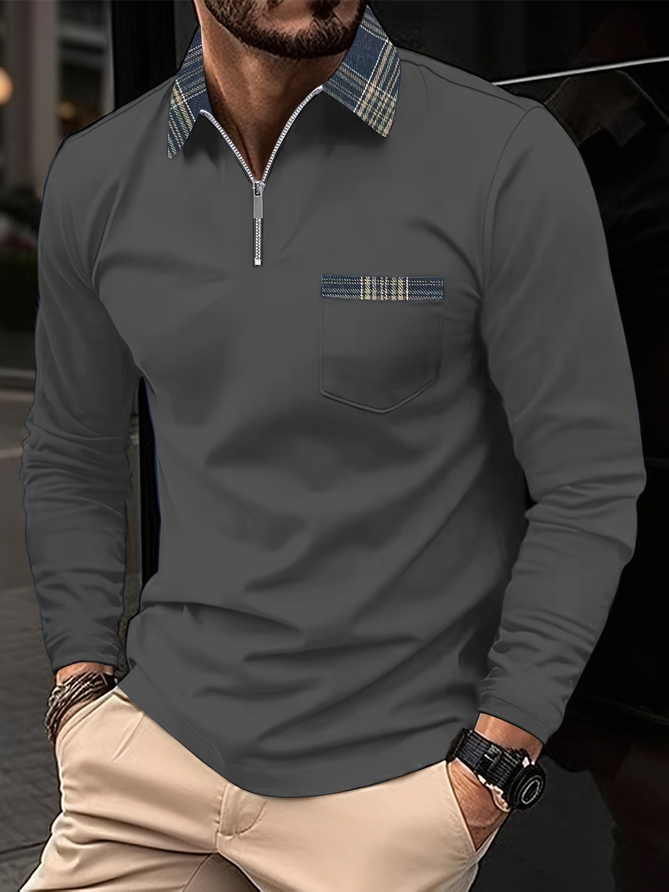 Frank Long-Sleeve Polo – Zip Collar & Checkered Pattern, Elegance and Comfort for Men