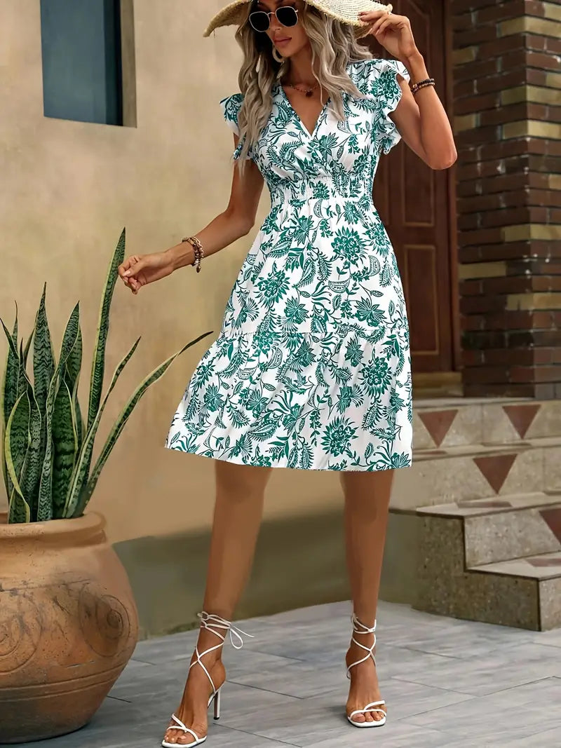 Lauren Summer Dress for Women – Elegant V-Neck Dress with Ruffles & Gathered Waist for Vacation