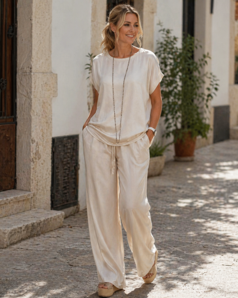 Portia Satin Set for Women – 2-Piece Set with Wide-Leg Pants & Flowy Elegant Top