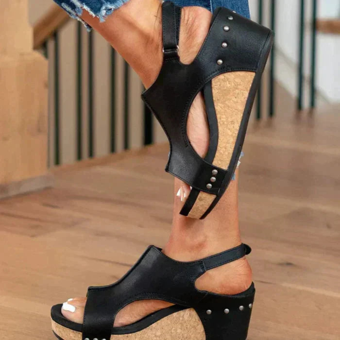 Milla Platform Sandals for Women – PU Leather, Cork Heel, Open Toe & Back Strap