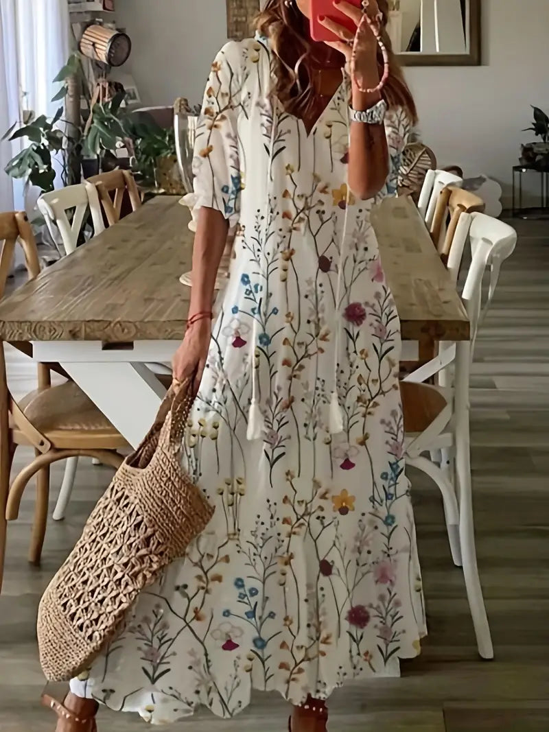 Charm Boho Dress for Women – Elegant Summer Dress with Ruffles, V-Neck & Ikat Pattern