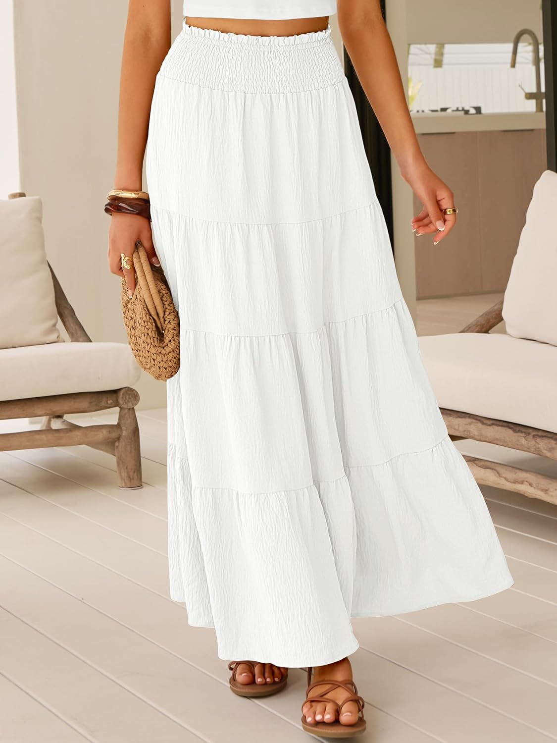 Juna Maxi Skirt for Women – Boho High-Waist Skirt, Smocked & Ruffled, Summer