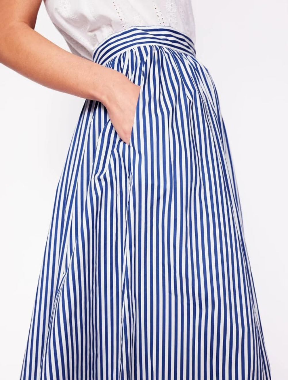 Marina Striped Skirt for Women – Midi Skirt, Elastic Waist A-Line & Pockets