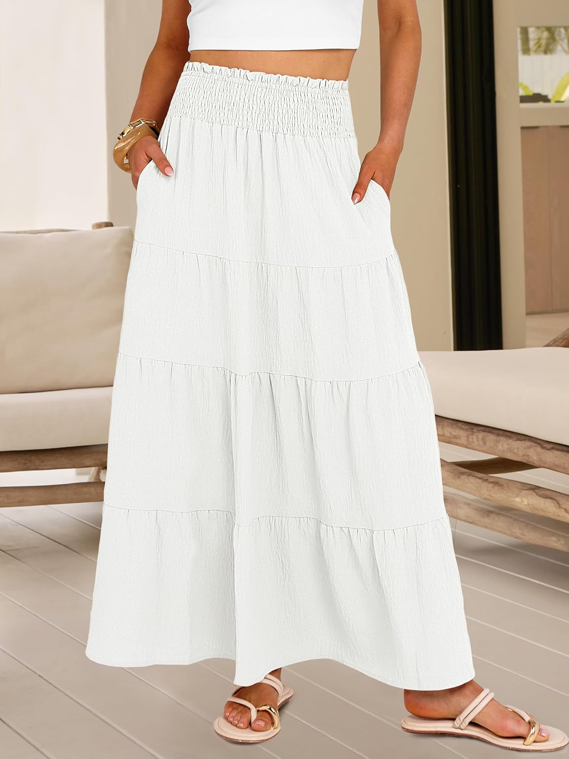 Juna Maxi Skirt for Women – Boho High-Waist Skirt, Smocked & Ruffled, Summer