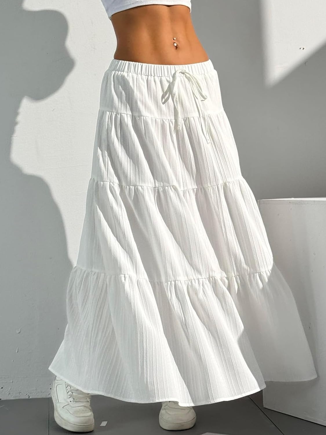 Dori Maxi Skirt for Women – White Boho Skirt with Ruffles, High-Waist A-Line