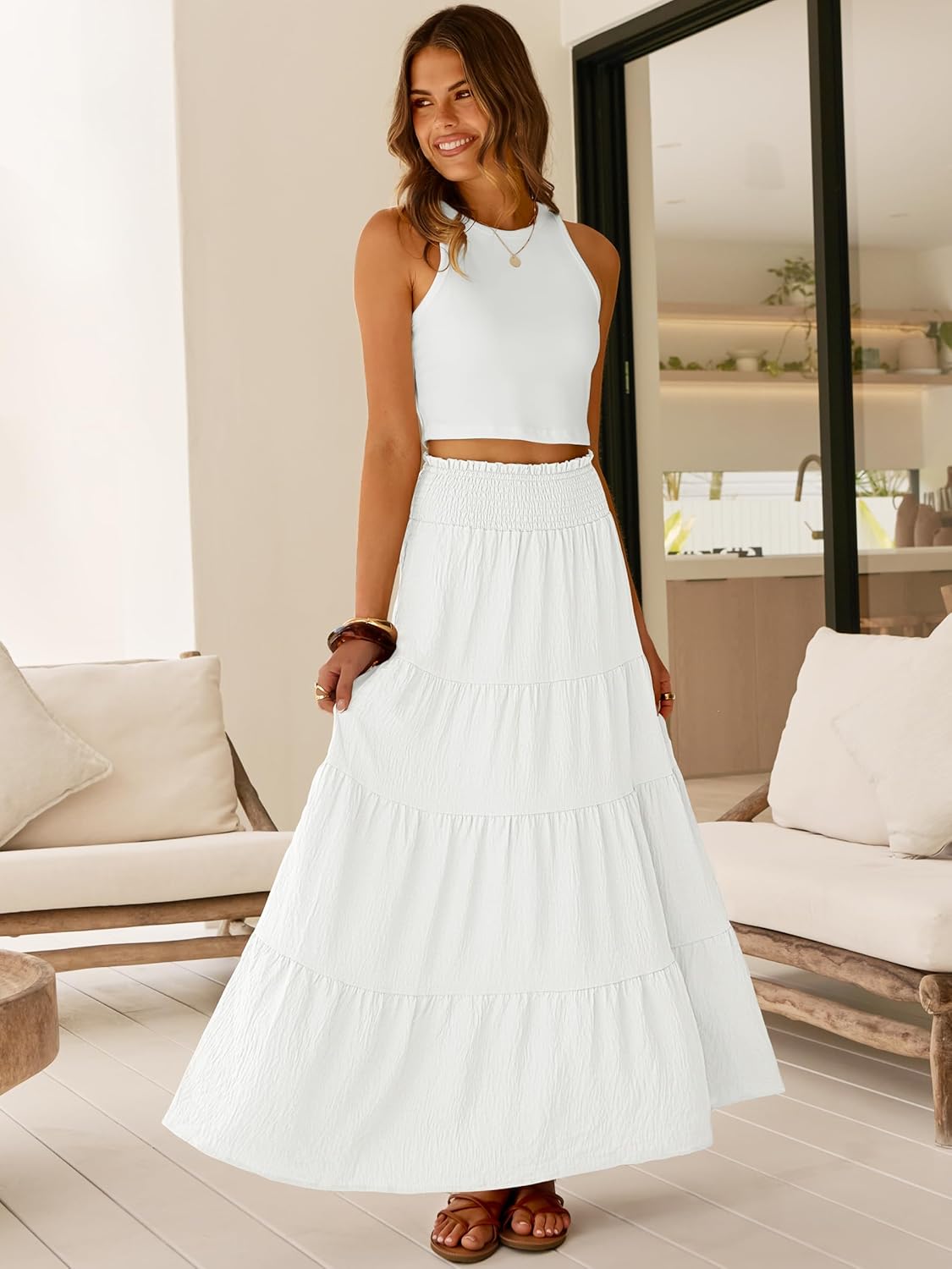 Juna Maxi Skirt for Women – Boho High-Waist Skirt, Smocked & Ruffled, Summer