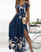 Antonella Elegant Long Dress for Women – Off-Shoulder Dress with Floral Motif & Chic Slit