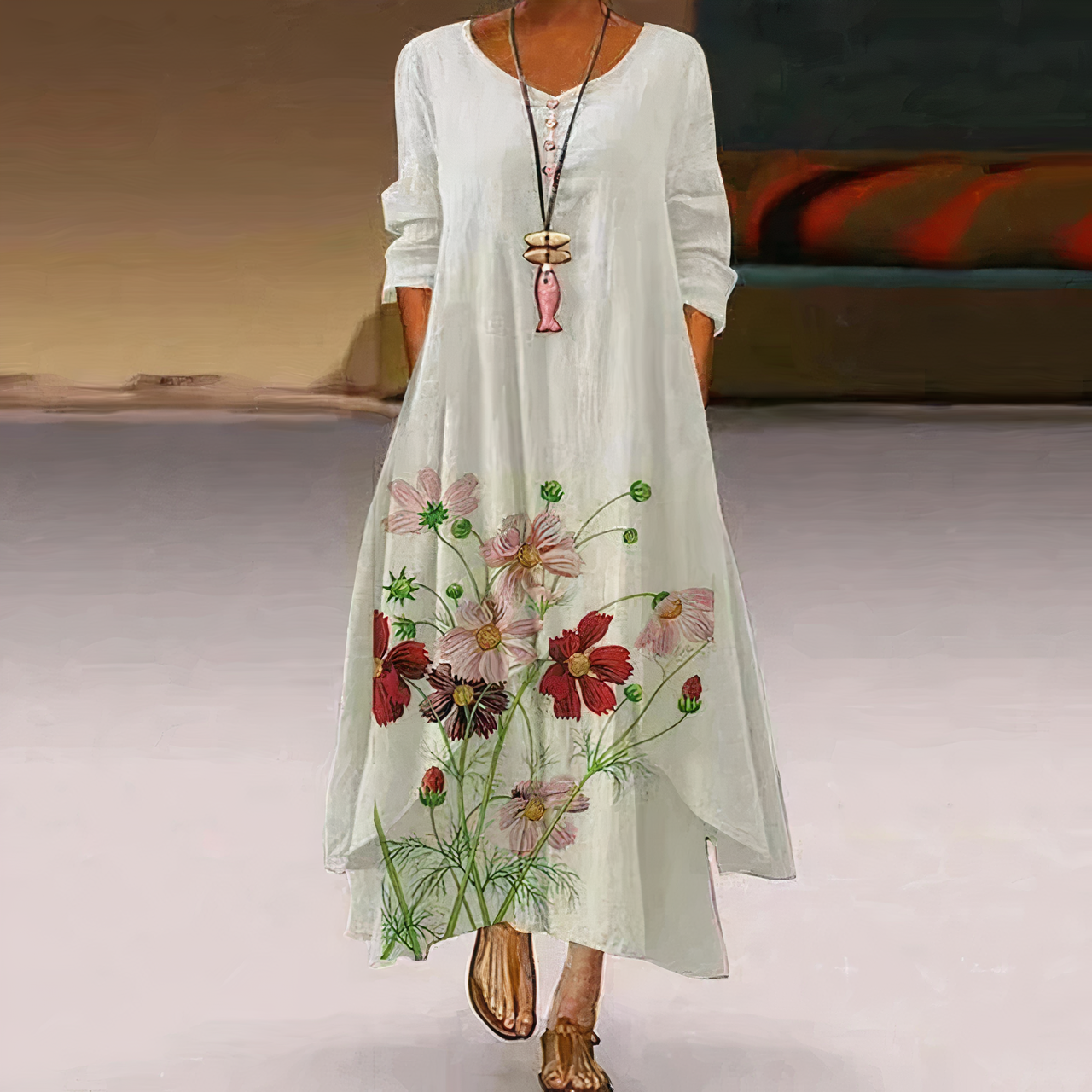 Tania Long Dress for Women – Elegant Floral Dress with Embroidery & Slit for a Summer Look