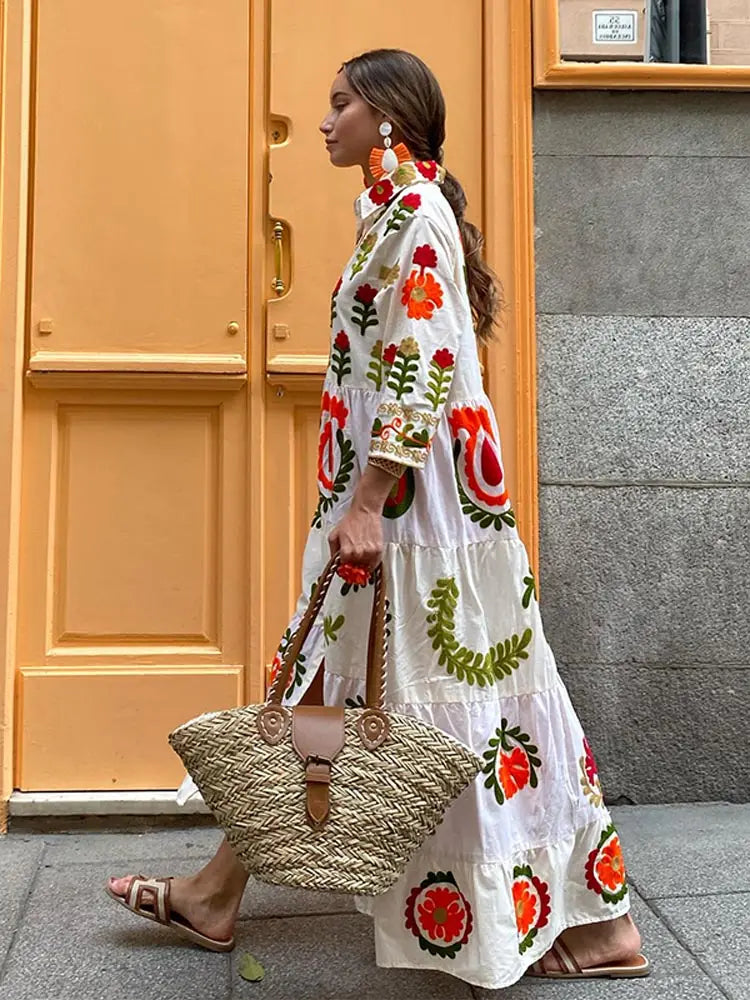 Celia Maxi Dress for Women – Long Cotton Dress with Boho Embroidery & Colorful Details