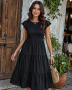 Greta Midi Dress for Women – Round Neck, Flutter Sleeves & Elastic Waist A-Line, Summer