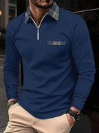 Frank Long-Sleeve Polo – Zip Collar & Checkered Pattern, Elegance and Comfort for Men