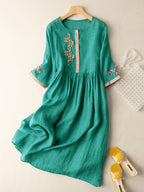 Zara Dress for Women – Embroidered Cotton and Linen Dress with Ethnic Design & Comfortable Cut