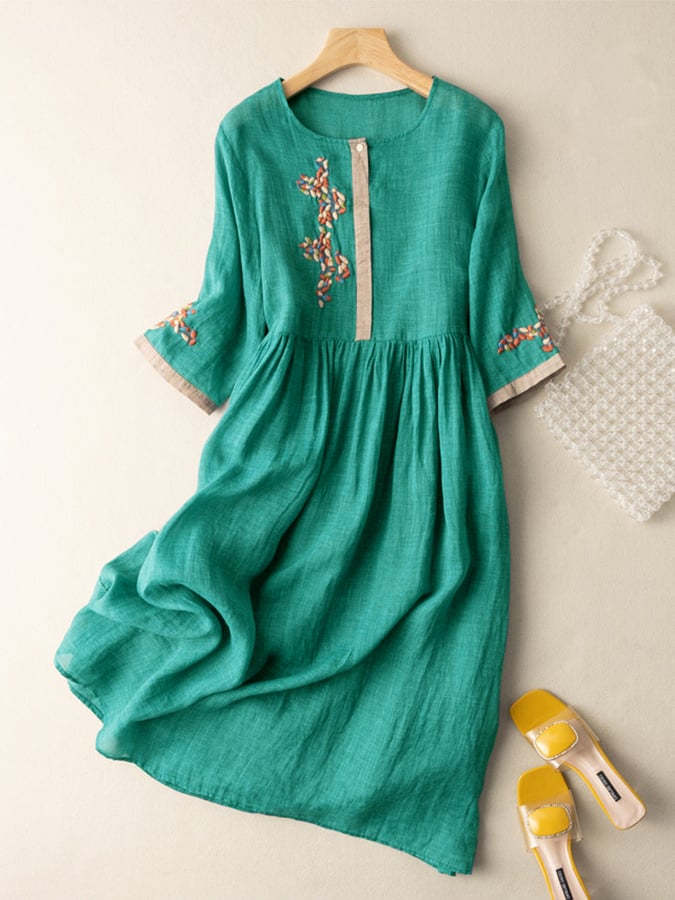 Zara Dress for Women – Embroidered Cotton and Linen Dress with Ethnic Design & Comfortable Cut