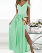 Antonella Elegant Long Dress for Women – Off-Shoulder Dress with Floral Motif & Chic Slit