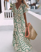 Ester Long Floral Dress for Women – Short Flutter Sleeves & Green-Cream Summer Print