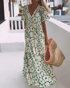 Ester Long Floral Dress for Women – Short Flutter Sleeves & Green-Cream Summer Print