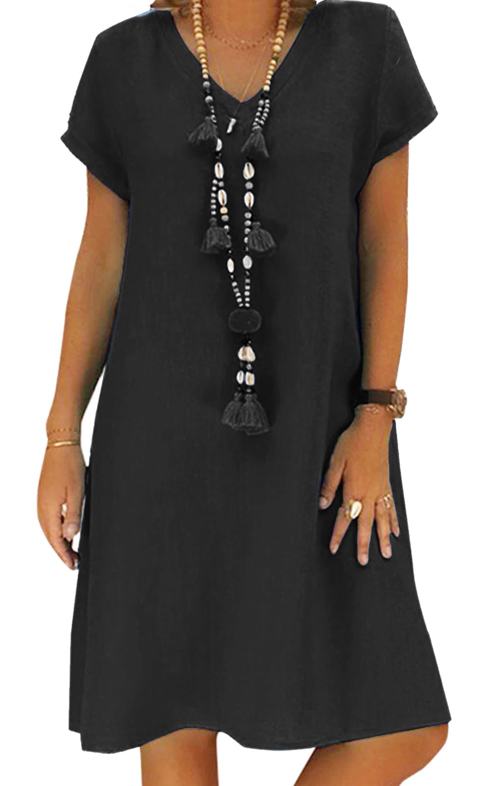 Jessa Dress for Women – Cotton Linen V-Neck, Loose A-Line Cut & Pockets, Midi Summer