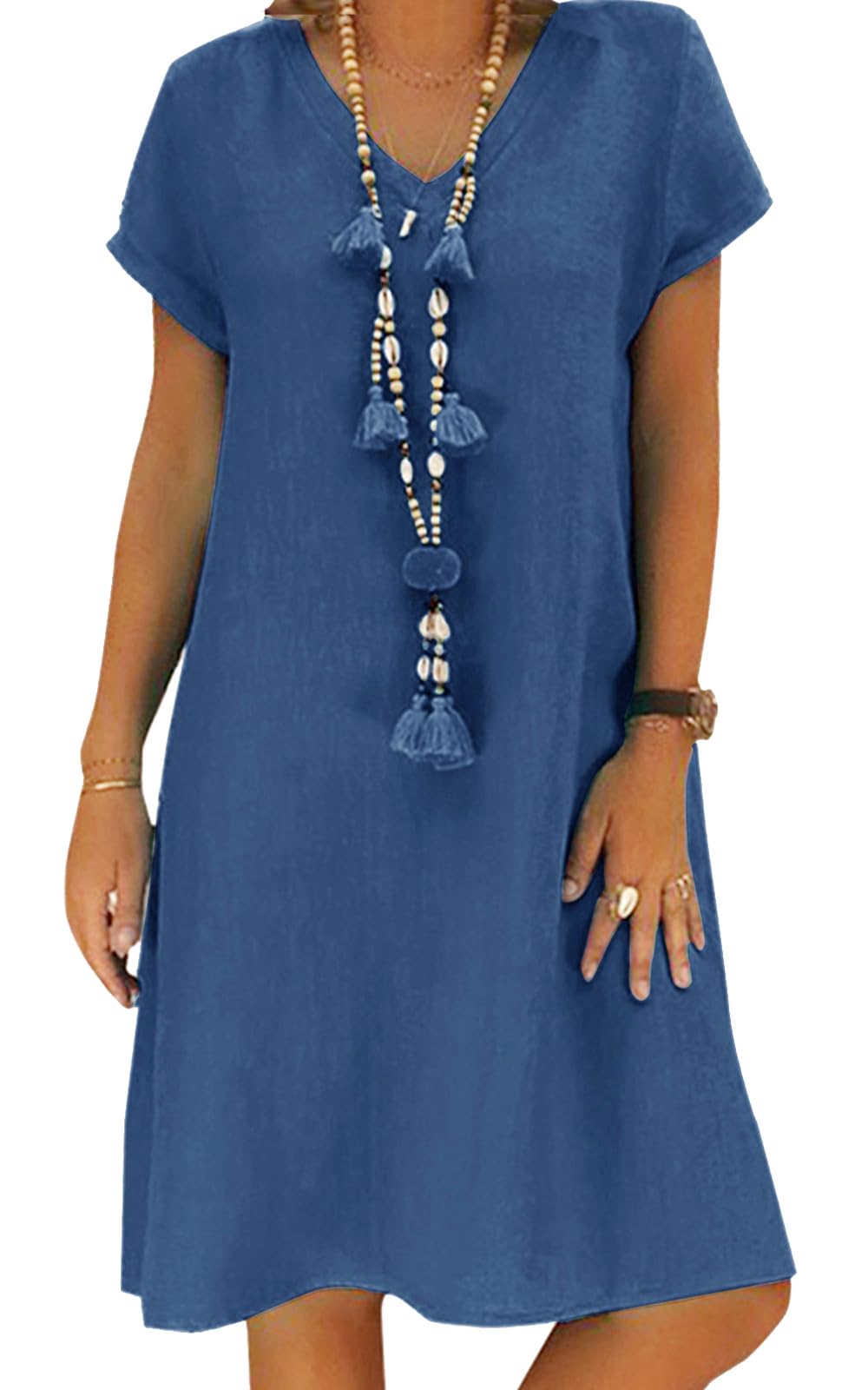 Jessa Dress for Women – Cotton Linen V-Neck, Loose A-Line Cut & Pockets, Midi Summer