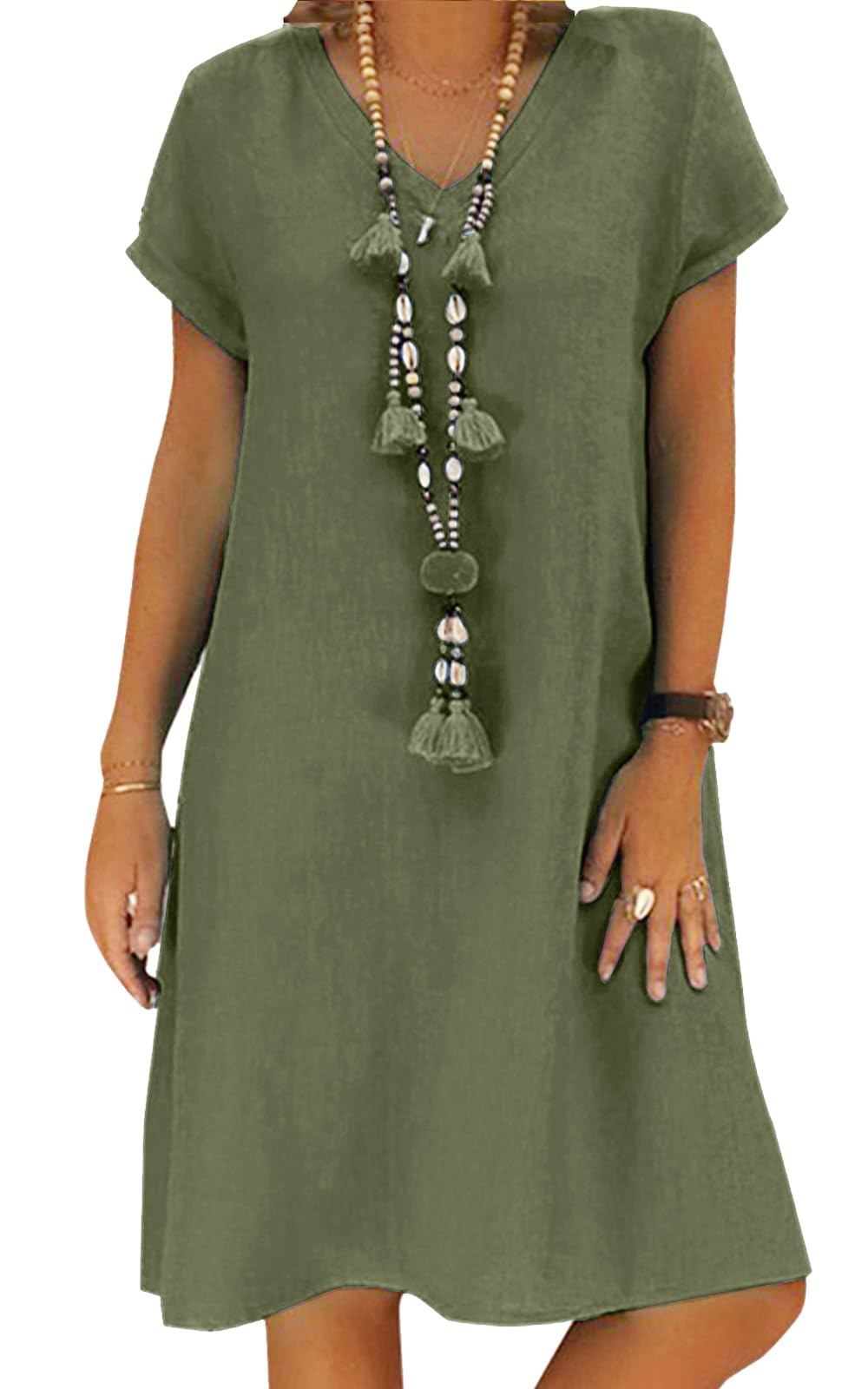Jessa Dress for Women – Cotton Linen V-Neck, Loose A-Line Cut & Pockets, Midi Summer