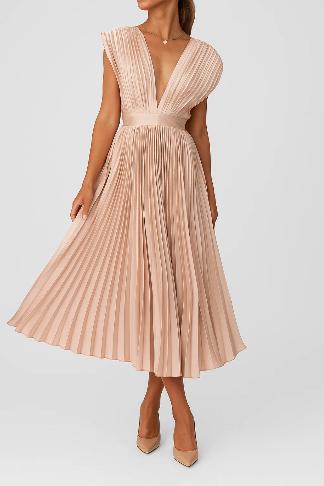 Xiomara Dress for Women – Elegant Pleated Midi Dress with V-Neckline & Fitted Waist