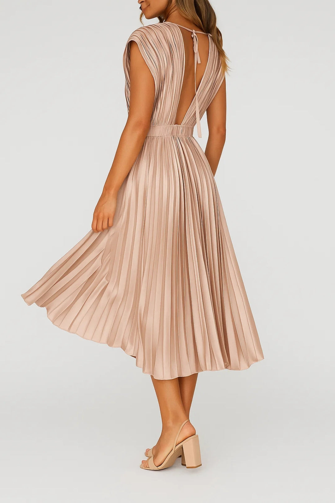 Xiomara Dress for Women – Elegant Pleated Midi Dress with V-Neckline & Fitted Waist