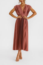 Xiomara Dress for Women – Elegant Pleated Midi Dress with V-Neckline & Fitted Waist