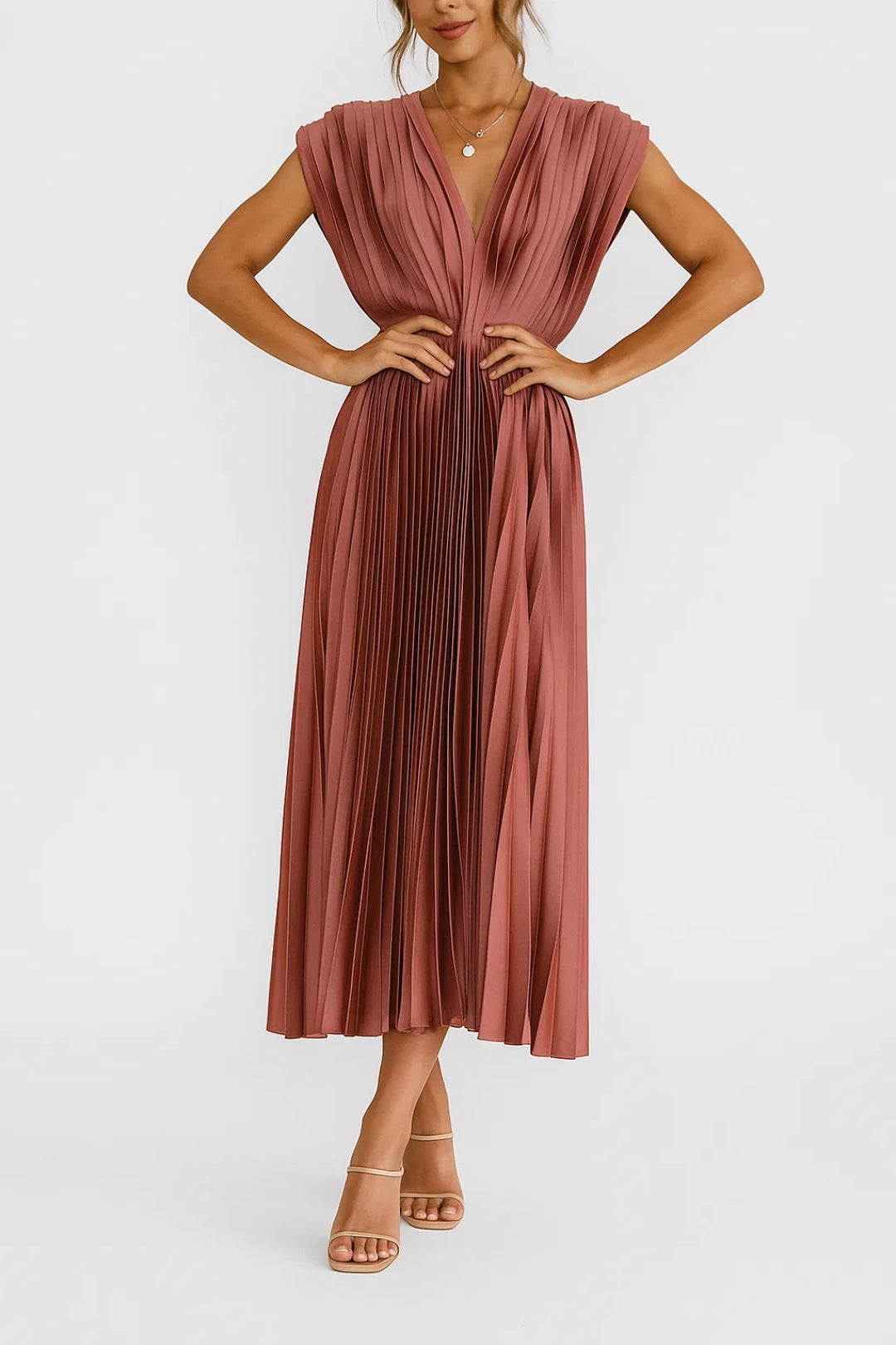 Xiomara Dress for Women – Elegant Pleated Midi Dress with V-Neckline & Fitted Waist