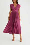 Xiomara Dress for Women – Elegant Pleated Midi Dress with V-Neckline & Fitted Waist